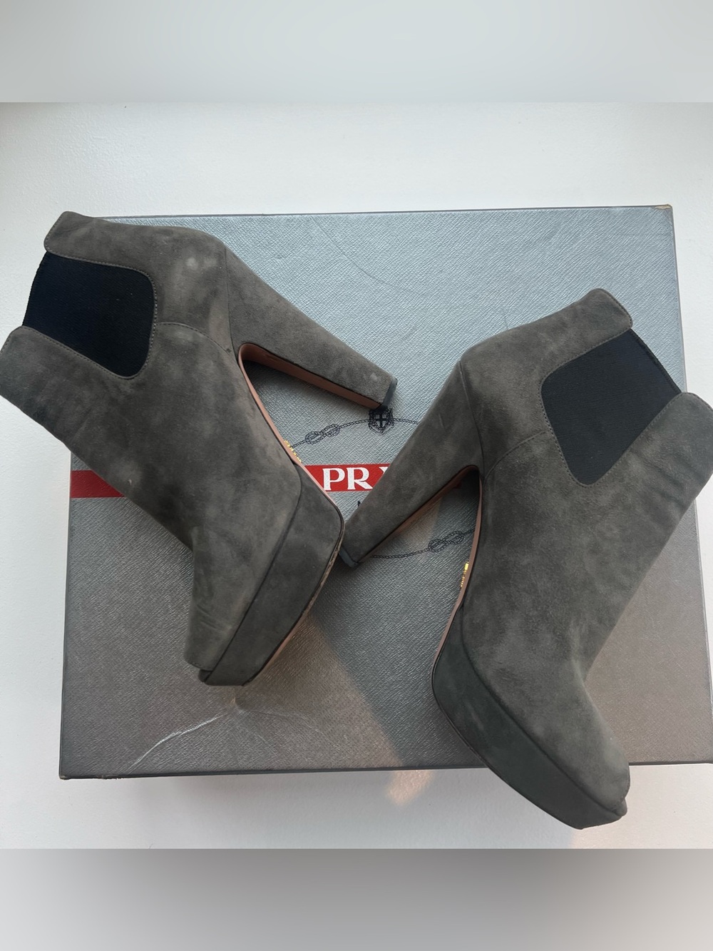 Prada Gray Suede Platform Chelsea Ankle Boots